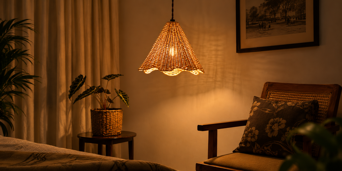 A warm pendant lamp lighting a room