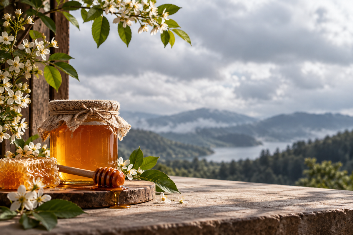 Raw honey with a honey dipper